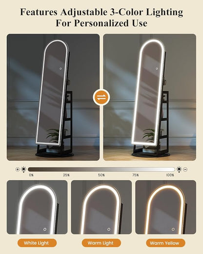 LVSOMT LED Arched Mirror Jewelry Cabinet Standing, Lockable Jewelry Armoire | 360° Swivel Full-Length Mirror with Storage, Large Jewelry Organizer Mirror, Foldable Makeup Shelf, Gift for Women, BlackWood