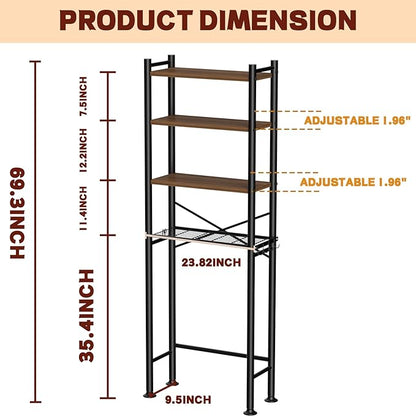 4-Tier Over Toilet Storage with Anti-Tilt Safety System - 150lb Total Capacity Metal Bathroom Shelves Including Paper Holder & 4 Hooks, Space Saving Above Commode Organizer (69.3" H, Brown)