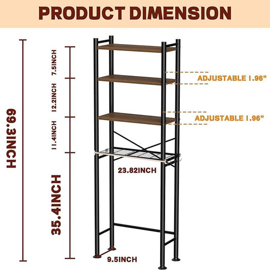 4-Tier Over Toilet Storage with Anti-Tilt Safety System - 150lb Total Capacity Metal Bathroom Shelves Including Paper Holder & 4 Hooks, Space Saving Above Commode Organizer (69.3" H, Brown)