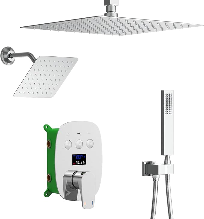Chrome Shower System Set with 2 Rain Shower Head(12+8 inch), Handheld Shower, with Digital Temperature Display Function