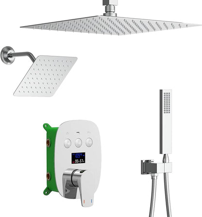 Chrome Shower System Set with 2 Rain Shower Head(12+8 inch), Handheld Shower, with Digital Temperature Display Function