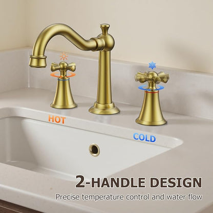 Hurran 8 Inch Widespread Bathroom Sink Faucet Brushed Gold, 3 Hole 2 Cross Handles Classic Vintage Antique Faucet with Metal Pop Up Drain and Supply Hoses for Vanity, RV, Farmhouse