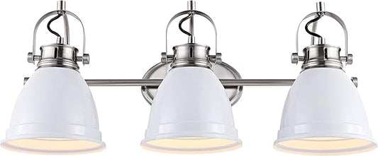 JONATHAN Y 25.5" White/Nickel 3-Light LED Vanity Light, Adjustable Wall Sconce for Bathroom Mirror, Farmhouse Bohemian Kitchen Light, Iron Black Bell Shade (JYL1116B)