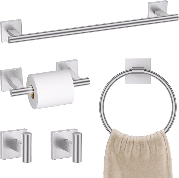 Brushed Nickel Bathroom Hardware Towel Bar Set, 5 Pieces Double Dase Toilet Paper Holder Towel Holder Set, 23.6 Inch Stainless Steel Towel Rack for Bathroom Wall Mount
