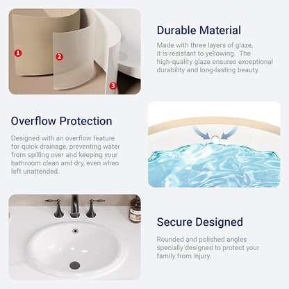 Bathroom Oval Vessel Sink 16" x 12" Small Semi Recessed Sink White Ceramic Sink with Overflow Modern Sinks Bowl Vanity Above Counter Basin