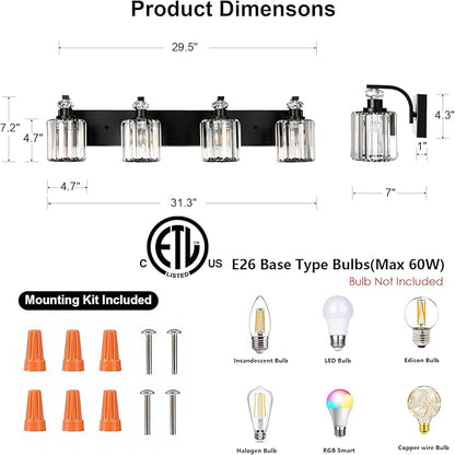 Black Bathroom Light Fixtures with K9 Crystal Lampshade Bathroom Lighting Over Mirror Vanity Lights for Living Room,Bedroom,Restroom,Hallway 4 Lights