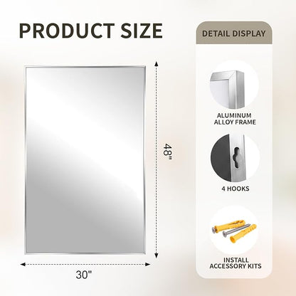FICTOR Bathroom Vanity Mirror for Over Sink, 48" x 30", Silver | Anti-Rust Frame, Shatterproof Tempered Glass, Vertical/Horizontal Wall Mounted Mirror for Bedroom, Entryway, Living Room