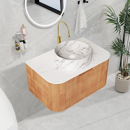 LKTART 30 Inch Floating Bathroom Vanity with Sink, Modern Wall Mounted Bathroom Storage Cabinet with Drawer, Stone Pattern Round White Ceramic Sink Top and Marble Texture Top, Natural Wood