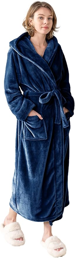 Robes for Women - Hooded Plush Fleece Bathrobe with Sash & Pockets, Full-Length Lightweight Spa Robe