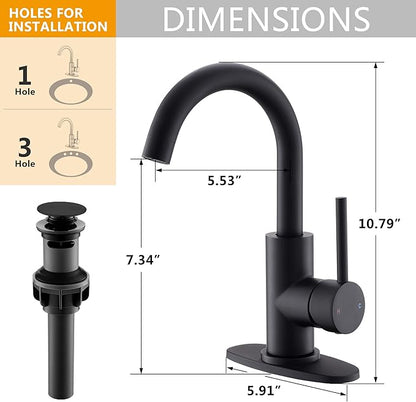 Matte Black Single Handle Bathroom Sink Faucet, 360° Swivel Spout Bar Sink Faucet with Deck Plate 4 Inch Centerset Black Bathroom Faucet with Pop-Up Drain Black Bathroom Lavatory Vanity Faucet