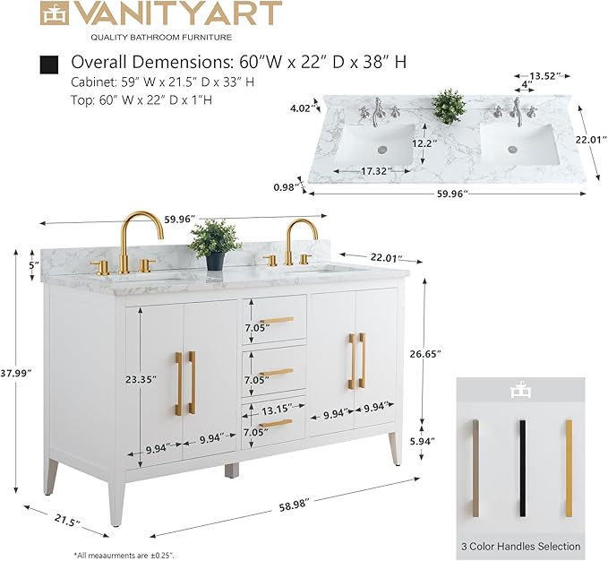 Vanity Art 60 inch Bathroom Vanity with Double Sink & Ceramic Top, Vanity Cabinet with Soft-Closing Doors, Drawers, Solid Wood Frame, White, VA9060-DW-MB1
