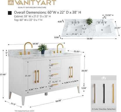 Vanity Art 60 inch Bathroom Vanity with Double Sink & Ceramic Top, Vanity Cabinet with Soft-Closing Doors, Drawers, Solid Wood Frame, White, VA9060-DW-MB1