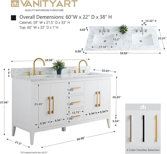 Vanity Art 60 inch Bathroom Vanity with Double Sink & Ceramic Top, Vanity Cabinet with Soft-Closing Doors, Drawers, Solid Wood Frame, White, VA9060-DW-MB1
