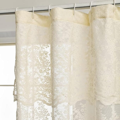 Ivory Lace Shower Curtain 72x72, Vintage Shabby Chic with Attached Valance | Fancy Shower Curtain with Scalloped, Flower Lace, Light-Filtering for Luxury Elegant Shabby Chic Bathrooms Light Beige