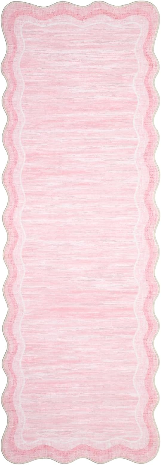 Garvee Washable Runner Rug 2x6 Modern Solid Scalloped Kitchen Runner Pink | Modern Long Runner Rug for Entryway Bedroom, Non Slip Low Pile Solid Runner Rugs for Entryway, Nursery Rugs Runner