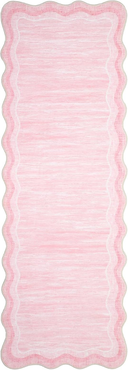 Garvee Washable Runner Rug 2x6 Modern Solid Scalloped Kitchen Runner Pink | Modern Long Runner Rug for Entryway Bedroom, Non Slip Low Pile Solid Runner Rugs for Entryway, Nursery Rugs Runner