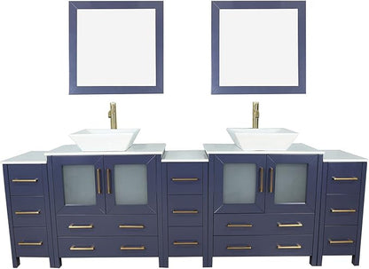 Vanity Art 96 Inch Vessel Double Sink Bathroom Vanity Cabinet with 2 Mirrors, Engineered Marble Top Bathroom Cabinet Compact Set with 13 Dovetail Drawers and Soft Closing Doors, VA3130-96B