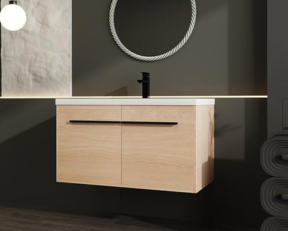Henf 36 inch Bathroom Vanity with Sink, Wall Mounted Solid Wood Bathroom Vanities with White Integrated Sink and Storage Cabinet,Floating Modern 2 Doors Bathroom Cabinet Set with Black Handle,Oak