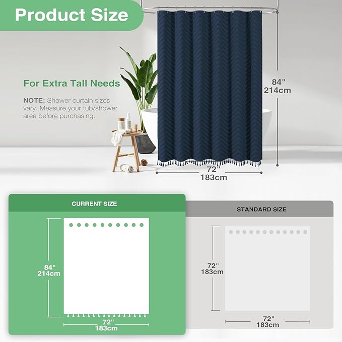Dynamene Extra Long Shower Curtains, 84 Inches Long Boho Tufted Chevron Striped Fabric Shower Curtains for Bathroom, Tall Minimalist Waterproof Cloth Shower Curtain Set with Hook, Navy Blue, 72x84