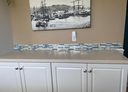 Beach Style Tile Real Seashell Inside Blue Cream White Brushed Steel Art Mosaic Kitchen Backsplash Bath Decor (Pack of 5 Sheets)