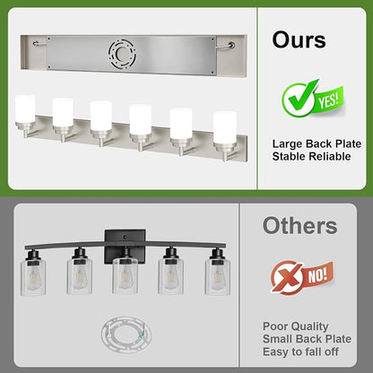 Bathroom Light Fixtures, Brushed Nickel Bathroom Lighting Fixtures Over Mirror, Modern Vanity Light with White Glass Shade, Restroom Lighting Fixtures, 6-Light 46-inch