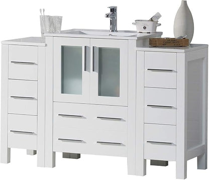 Blossom 48" Solid Wood Bathroom Vanity w/Ceramic Sink & Double Side Cabinet, Freestanding Sink Vanity, Soft-Close Drawers, Tempered Glass Doors, Ceramic Top & Side Cabinet, Glossy White