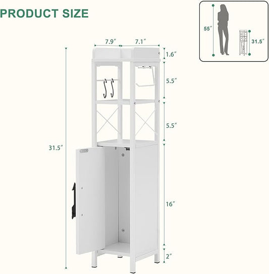 VECELO Small Bathroom Storage Cabinet with Shelves & Metal Racks, Slim Toilet Paper Holder, Bathroom Organizer Cabinet for Narrow Spaces, White, Farmhouse Style