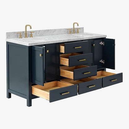 ARIEL Cambridge 66-inch Bathroom Vanity with Sink,Solid Wood, 1.5-inch Italian Carrara Marble Countertop, Double Oval Porcelain Sink, 4 Soft Closing Doors, 6 Dovetail Drawers, Midnight Blue