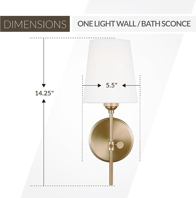 Generation Lighting Baker 1-Light Hardwired Wall Sconce in Satin Brass | Damp-Rated Wall Sconce, Bathroom Vanity Light, or Bathroom Fixture with White Linen Shade for Powder Room or Covered Patio