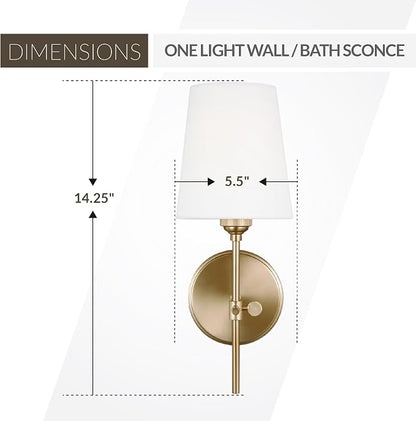 Generation Lighting Baker 1-Light Hardwired Wall Sconce in Satin Brass | Damp-Rated Wall Sconce, Bathroom Vanity Light, or Bathroom Fixture with White Linen Shade for Powder Room or Covered Patio