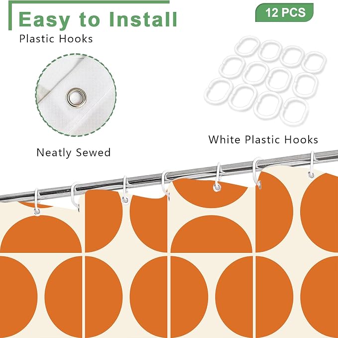 Orange Mid Century Modern Shower Curtain, Boho Abstract Geometric Retro Art Bath Curtains For Bathroom, Colorful Unique Pattern Waterproof Polyester Fabric Bathroom Accessories Set 12 Hooks 72X84IN