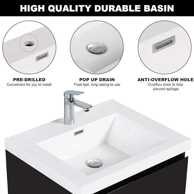 Pre-Assembled 24'' Wall Mounted Bathroom Vanity with Sink, Glossy Black | Floating Bathroom Vanity with Solid Surface Top Basin, 2 Soft-Close Drawers, Resin Integrated Sink, Easy to Install & Clean