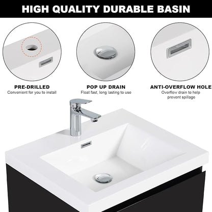 Pre-Assembled 24'' Wall Mounted Bathroom Vanity with Sink, Glossy Black | Floating Bathroom Vanity with Solid Surface Top Basin, 2 Soft-Close Drawers, Resin Integrated Sink, Easy to Install & Clean