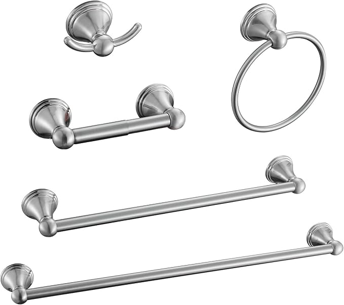 Sagetta Nickel Bathroom Hardware Set, 5-Piece Bath Accessories Set Wall Mount Includes 20 in Towel Bar, 16 in Towel Bar, Towel Ring, TP Holder, Towel Hook Brushed Nickel