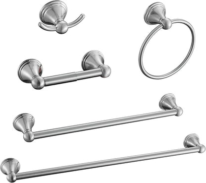 Sagetta Nickel Bathroom Hardware Set, 5-Piece Bath Accessories Set Wall Mount Includes 20 in Towel Bar, 16 in Towel Bar, Towel Ring, TP Holder, Towel Hook Brushed Nickel