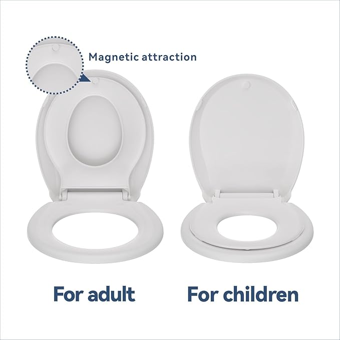 Round Toddler Toilet Seat Adult/Child,Built-In Potty Training Seat, Soft Quiet Close Non-Slip Seat, Easy to Install & Clean,Magnetic Kids Seat and Cover,White