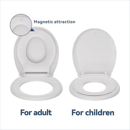 Round Toddler Toilet Seat Adult/Child,Built-In Potty Training Seat, Soft Quiet Close Non-Slip Seat, Easy to Install & Clean,Magnetic Kids Seat and Cover,White