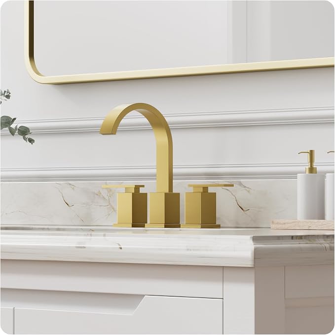 Brushed Gold Bathroom Faucet 8 Inch Widespread 3 Hole 2 Handle,Waterfall Swivel Spout Bathroom Sink Faucet with Pop Up Drain and Water Supply Line,WF011-BG