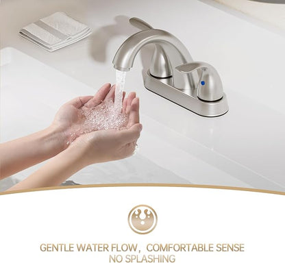 Phiestina Centerset 4 Inch Brushed Nickel 2 or 3 Holes Stainless Steel Bathroom Sink Faucet 2 Pack, 2 Handle Bathroom Faucet with Copper Pop Up Drain and Water Supply Lines, BF008-5-BN-2PACK