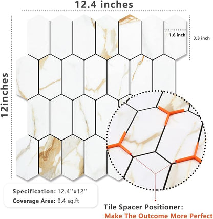 Vamos Tile Long Hexagon Peel and Stick Backsplash Tile - 10 Sheets Stick on Backsplash for Kitchen and Bathroom 12.4 x 12 Inch Calacatta Gold PVC Self Adhesive Mosaic Wall Tiles