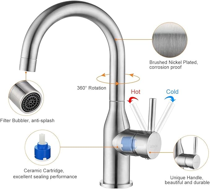 WOWOW Single Handle Bar Sink Faucet 1 Hole Bar Faucet Brushed Nickel Small Kitchen Faucet Modern Commercial Faucet for Sinks RV Sink Faucets with Water Supply Lines
