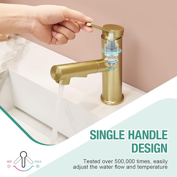 Faustina Light Gold Bathroom Faucet with Pull Out Sprayer, Gold Vanity Faucet for Bathroom or Laundry, Stainless Steel Single Handle with Deck Plate for 1 or 3 Hole, Brushed Finish