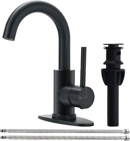 Matte Black Bathroom Faucets for Sink 1 Hole or 3 Holes, Single Hole Black Bathroom Sink Faucet with Pop-Up Drain Mini Size Vanity Faucet Bar Faucet Single Handle Lavatory Faucets