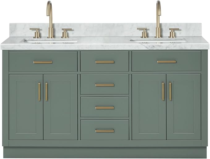 ARIEL Hepburn 61 Inch Double Rectangle Sink Bathroom Vanity with Carrara White Marble Countertop 1.5 Inch in Vintage Green