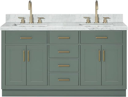ARIEL Hepburn 61 Inch Double Rectangle Sink Bathroom Vanity with Carrara White Marble Countertop 1.5 Inch in Vintage Green