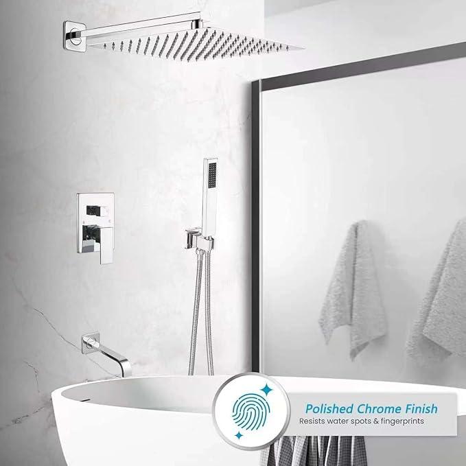 Polished Chrome Rain Shower System Tub Shower Faucet Set 12 Inch Square Rainfall Shower Head with Handheld Sprayer and Tub Spout Rough-in Valve Shower Mixer Combo Kit