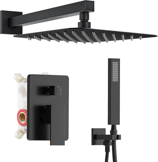 Alesco Shower System, Black Shower Faucet Set with 10-Inch High-Pressure Rainfall Showerheads and Handheld Spray combo, Showerfixture Include Valve and Trim Kit, Matte Black