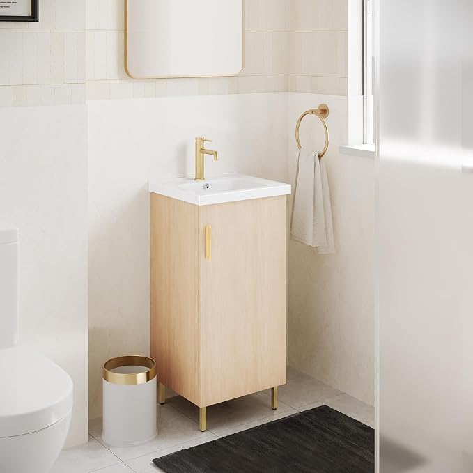 Pre-Assembled 16 Inch Small Bathroom Vanity, Freestanding Oak Bathroom Cabinet with Ceramic Sink, Soft-Close Door, No Faucet,BV05-16-OAK-JH