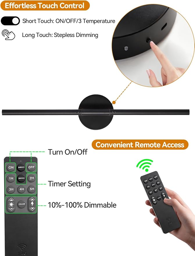 24" Black Battery Operated Wall Sconce, Remote & Touch Control | 3000K-6000K Dimmable LED Rechargeable Wall Light, Wireless Sconces wall Decor with Timer, Wall Lamp for Bedroom, Living Room