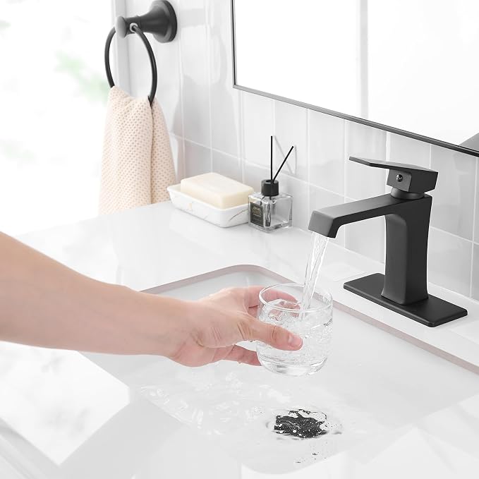 Waterfall Bathroom Faucet Black Bathroom Sink Faucet, Modern Single Hole Bathroom Faucet, Single Handle RV Sink Vanity Faucet—Includes Pop-Up Drain, Suitable for 1-Hole or 3-Hole